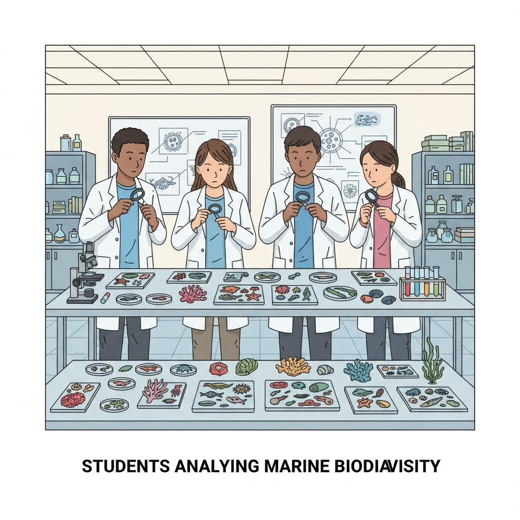 Students with no prior knowledge exploring marine specimens in a laboratory for their science degree in marine biology