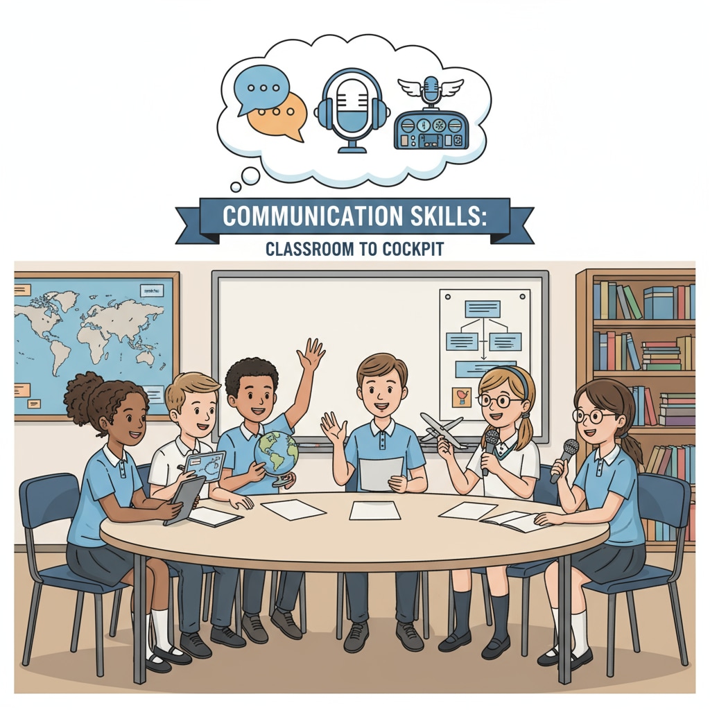 Students practicing communication skills for future pilot careers