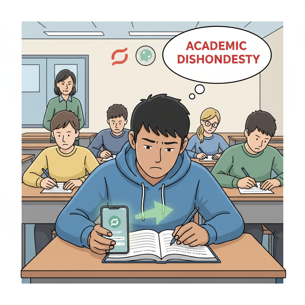 A student cheating with ChatGPT during an exam in an educational setting.
