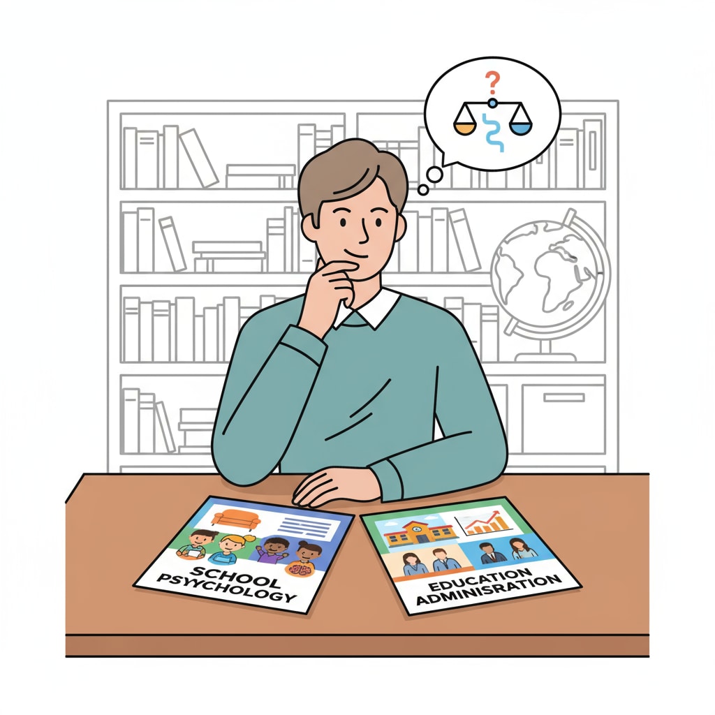 A person is sitting at a desk, looking at two different career brochures, one for school psychology and the other for education administration, showing a moment of decision-making. A person considering career choices between school psychology and education administration