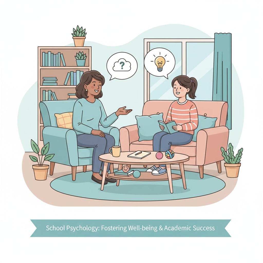 A school psychologist is having a friendly conversation with a student in a comfortable environment, highlighting the interaction in school psychology. A school psychologist interacting with a student