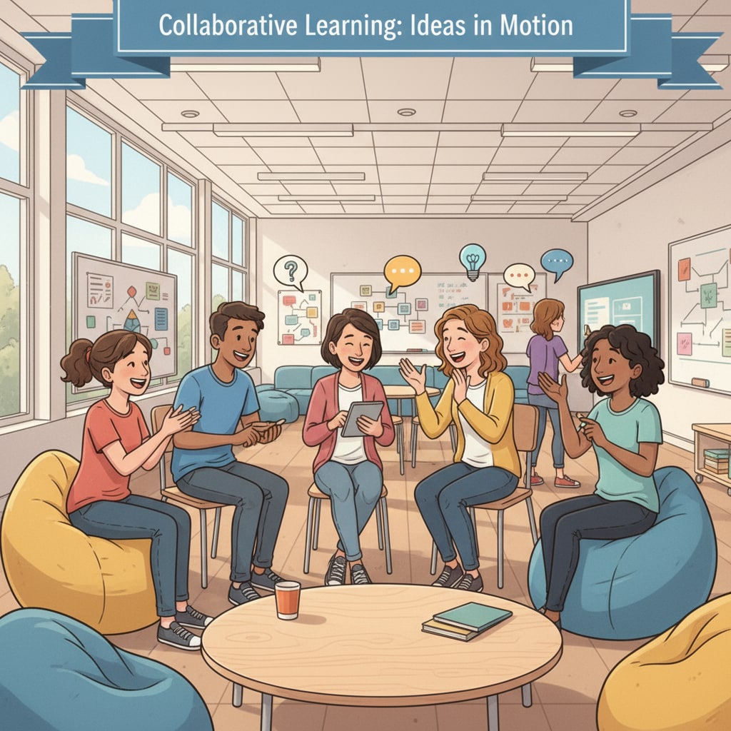 A group of students and teachers are engaged in a lively discussion in a non - traditional school environment, with open body language and smiles, indicating a collaborative and friendly atmosphere. Non - traditional school, leadership structure, democratic school - students and teachers discussing