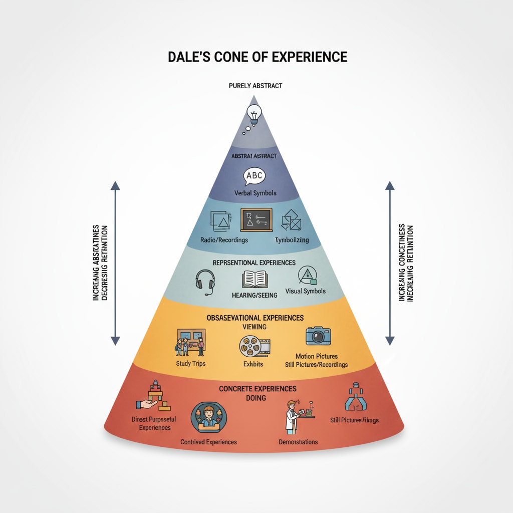 Diagram of the cone of experience for understanding learning through multisensory and hands-on approaches