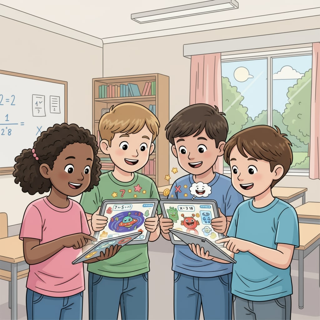 Students enjoying a math education game as part of edutainment with a game prototype