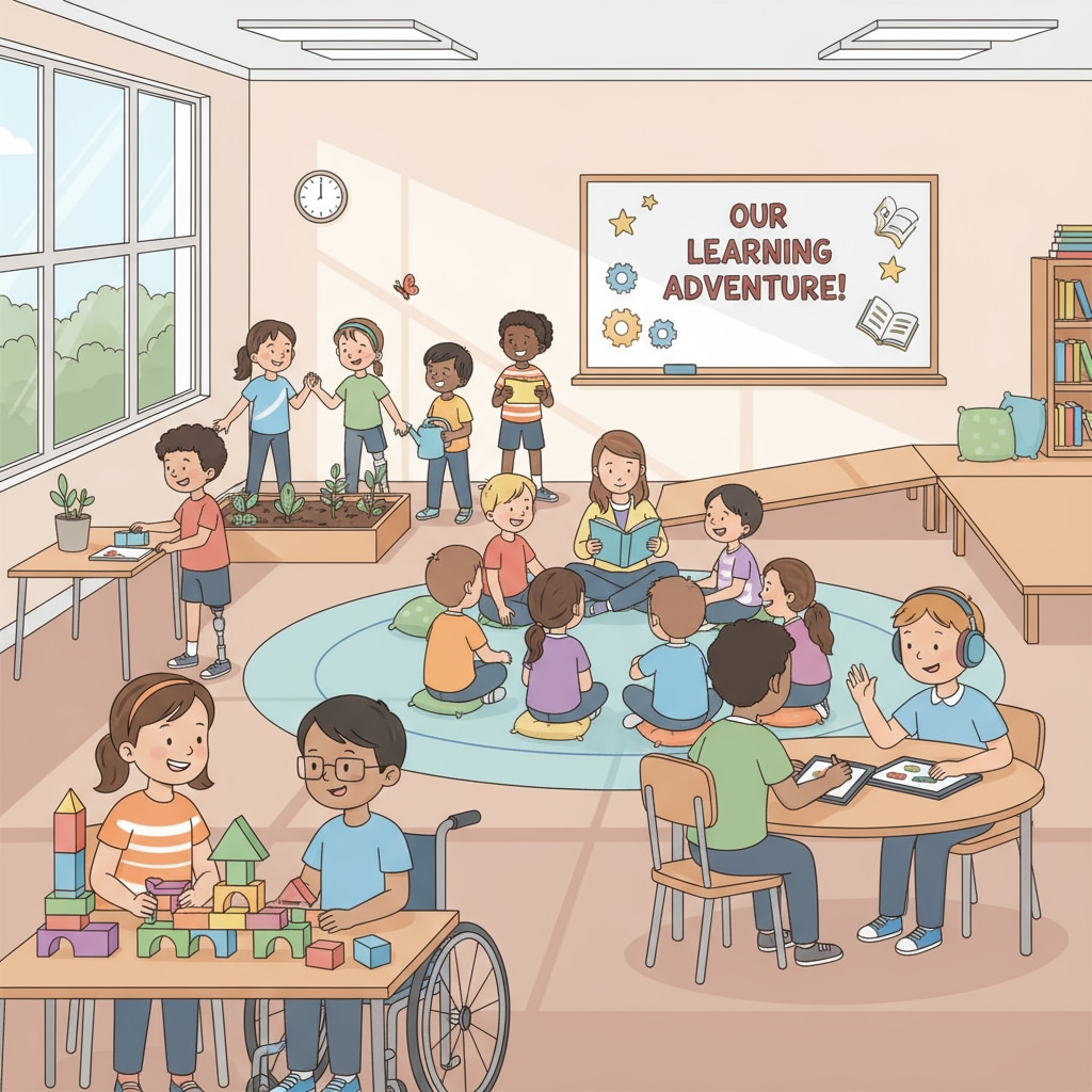 A classroom scene with children of different abilities engaged in various activities, representing an inclusive alternative education environment Inclusive classroom scene for alternative education of special needs children