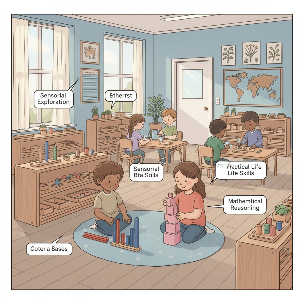 A Montessori classroom with children using hands-on materials to learn Montessori classroom with special needs children using hands-on learning materials