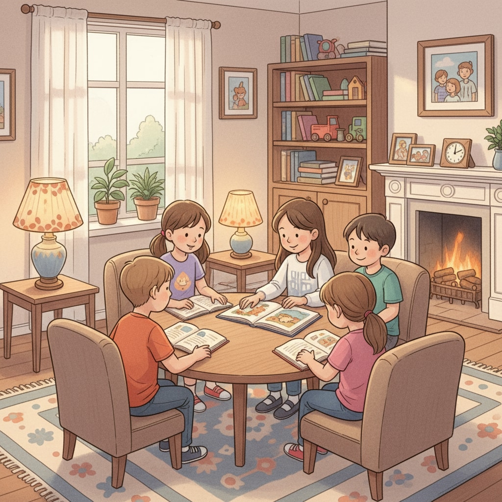 A group of children are sitting around a table, reading books together in a cozy living room setting, which represents a typical family learning scenario. Children engaged in reading books during family education, utilizing academic resources as part of their teaching plan