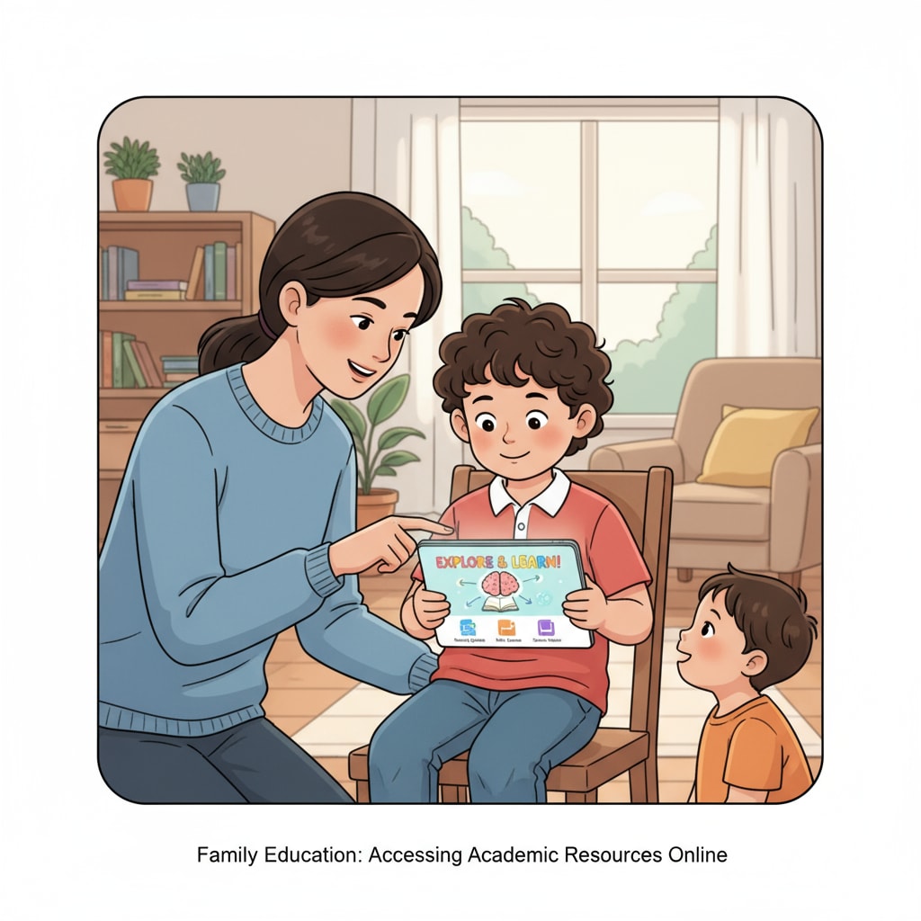 A young child is sitting on a chair, holding a tablet with an educational app open on the screen, indicating the use of online academic resources in family education. Child using an online educational platform as part of the teaching plan in family education