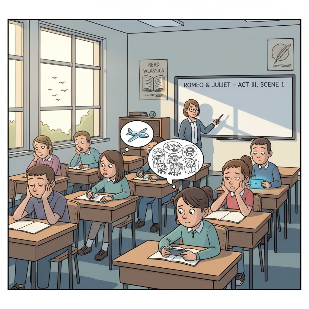 Bored students in an English and literature class, reflecting the negative student experience in these courses.