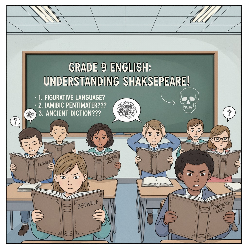 Students facing difficulties with English literature books, representing the challenges in Grade 9 English and literature courses for students.