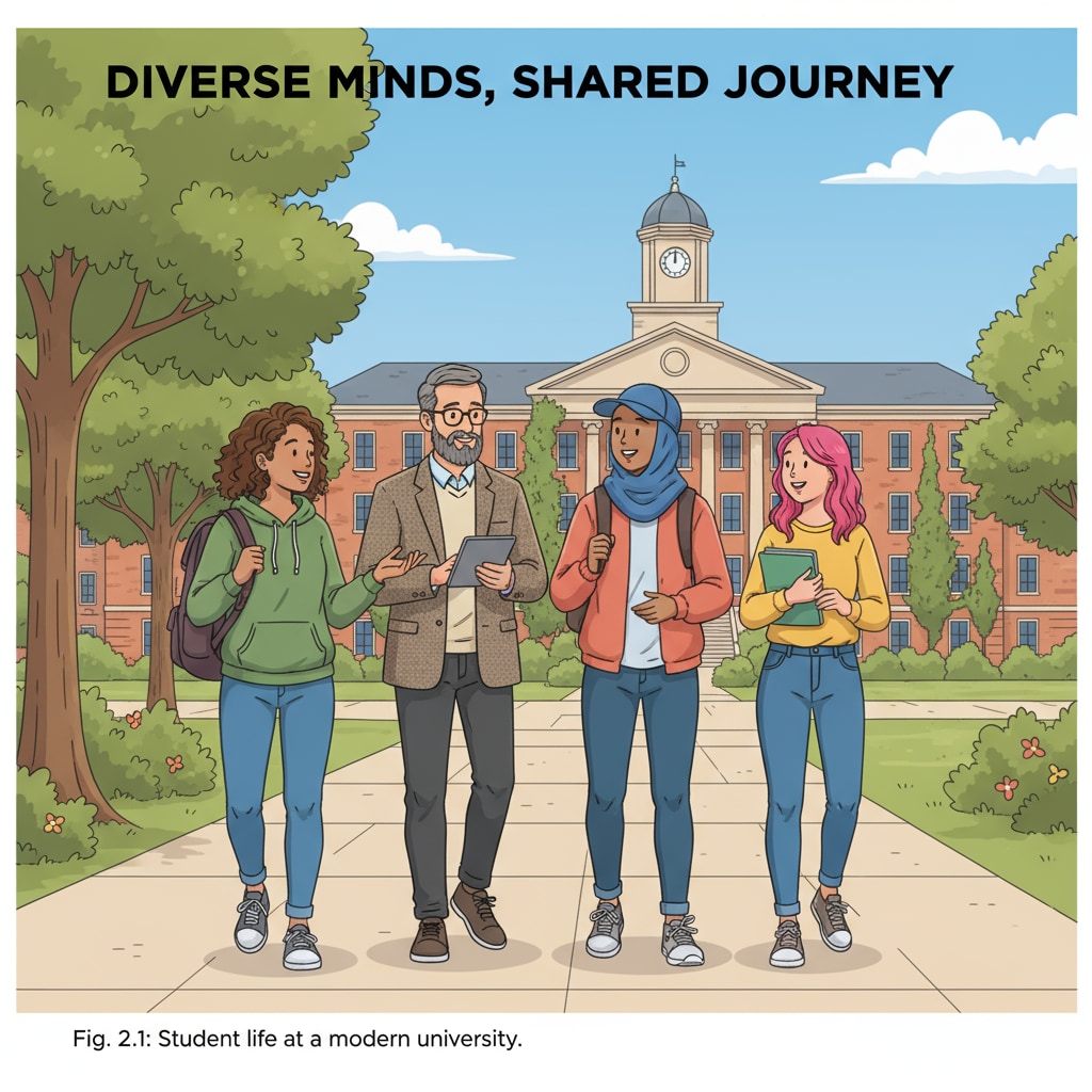Students of different ages walking on a university campus, related to late enrollment and psychological adjustment in university.