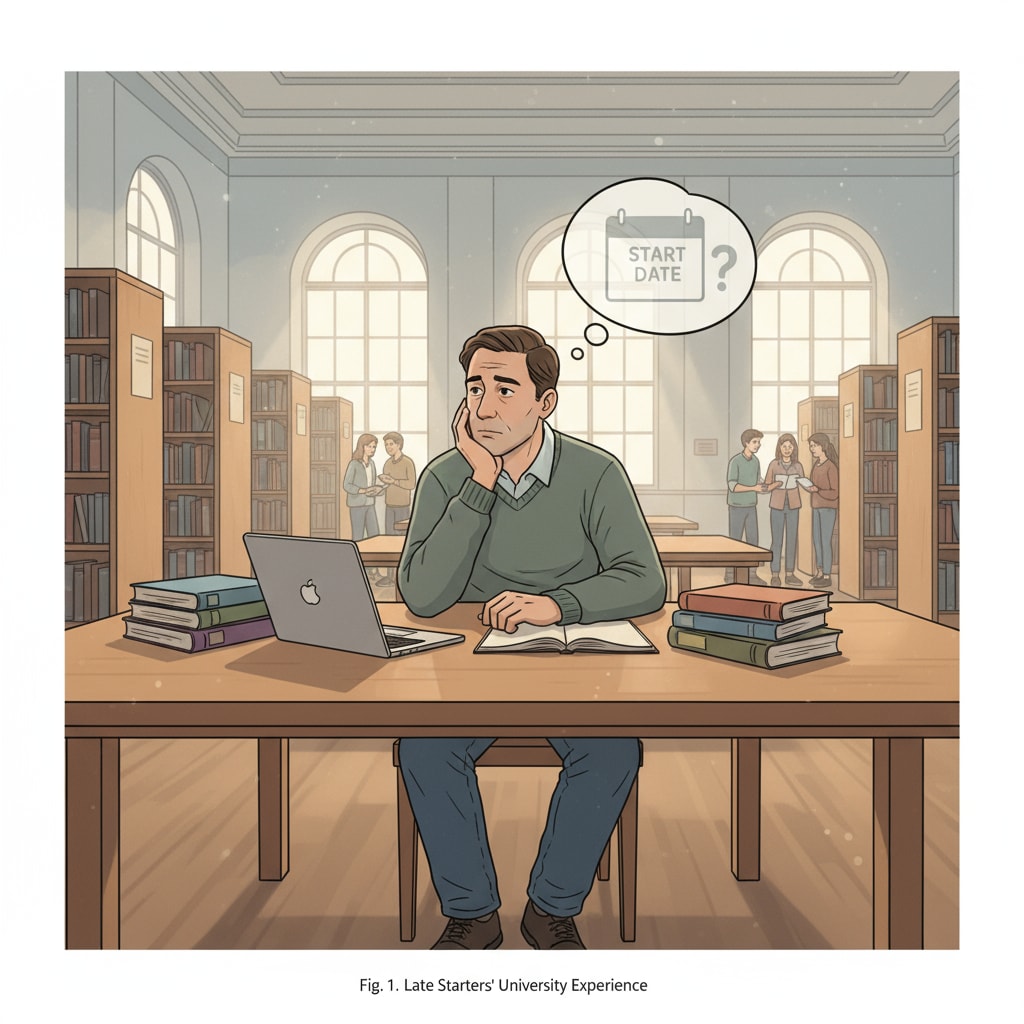 A student sitting alone in a university library, highlighting the challenges of late enrollment in university.