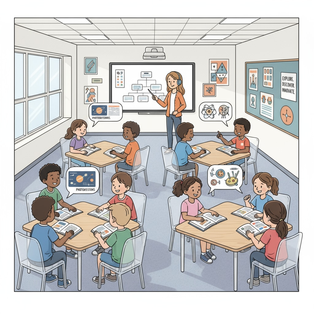 Students in a modern K12 classroom, looking at textbooks and discussing educational topics Students in a modern K12 classroom discussing educational standards, basic knowledge, historical literacy, and school curriculum