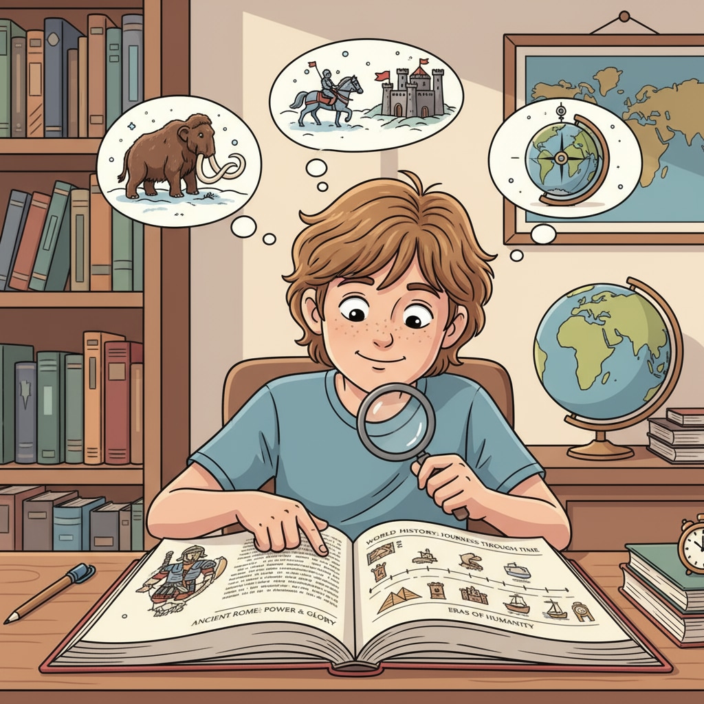 A student reading a history book, showing interest in learning about the past A student showing interest in historical literacy as part of educational standards and school curriculum