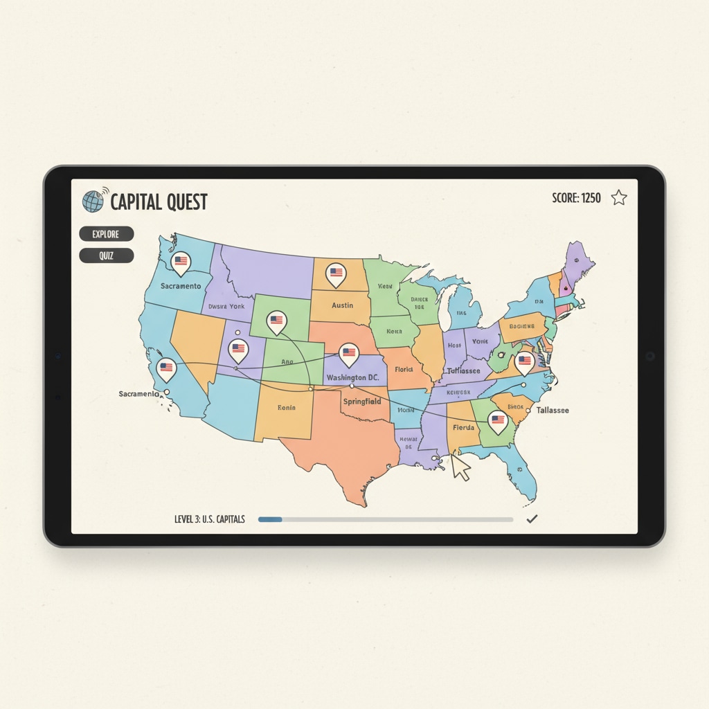 A screenshot of an interactive map in a state capital learning app showing different states and their capitals Interactive map in a state capital learning app for US geography education