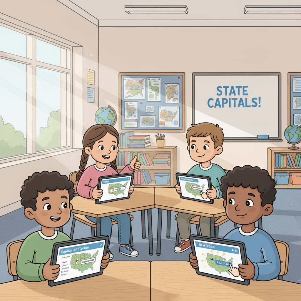 A picture showing students using state capital learning apps on tablets in a classroom Students using state capital learning apps for US geography education in a classroom