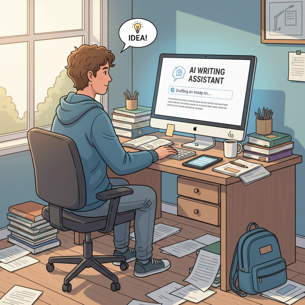 A student using an AI writing tool for their writing assignment, highlighting the issue of assignment authenticity in the context of educational objectives.