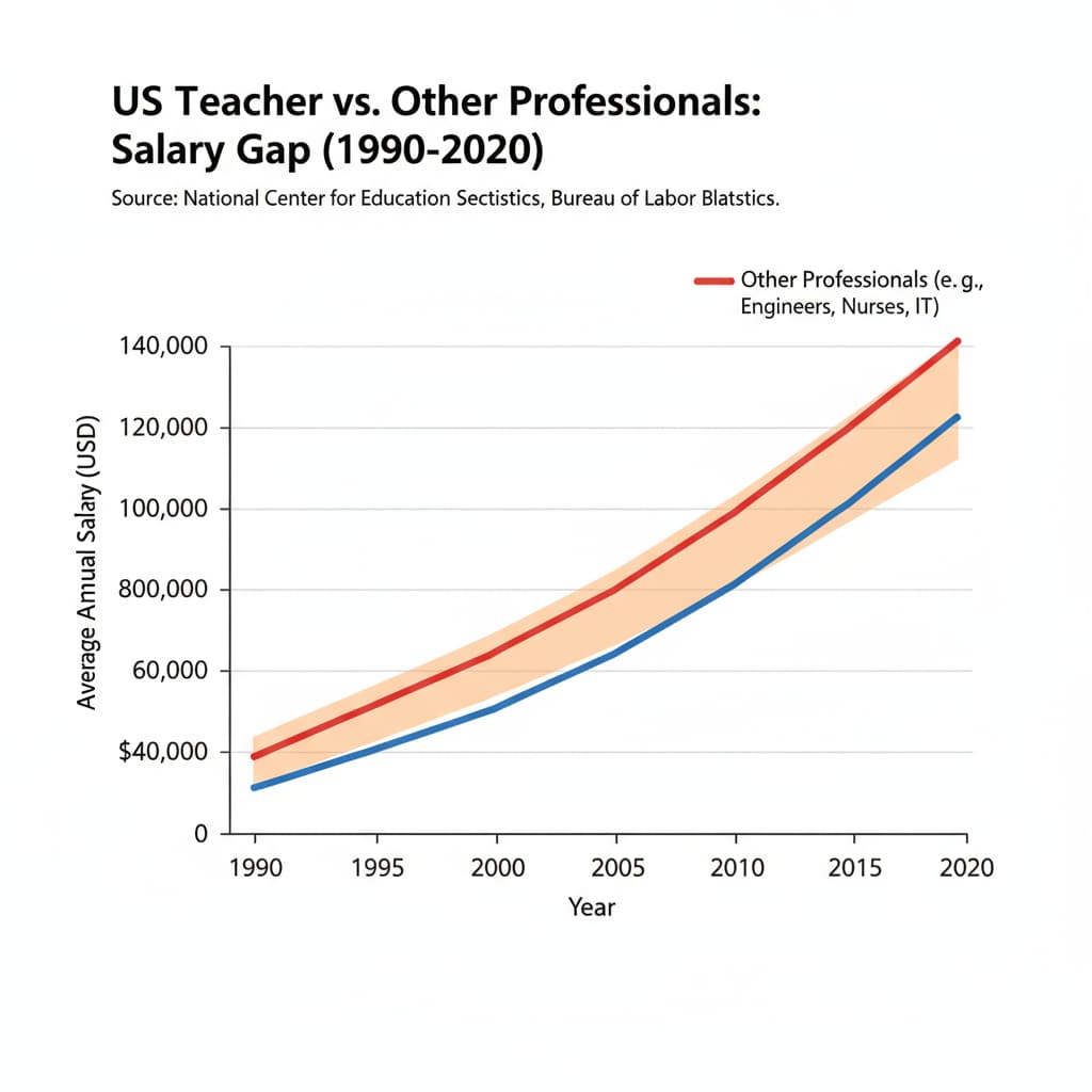 A graph visually representing the increasing difference in salaries between US teachers and other professionals over the years. Graph showing the growth of the salary gap between US teachers and other professionals related to teacher salaries, income gaps, and teacher shortages