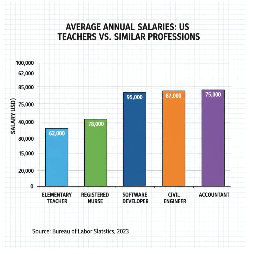 A bar chart comparing the average salaries of US teachers and several other common professions with similar educational requirements. Bar chart comparing US teacher salaries and other professional salaries highlighting teacher salaries, income gaps, and teacher shortages