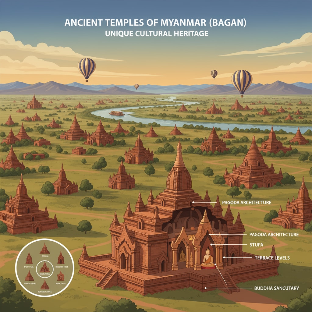 A view of Myanmar's ancient temples, representing its unique cultural resources Ancient temples in Myanmar showcasing cultural resources