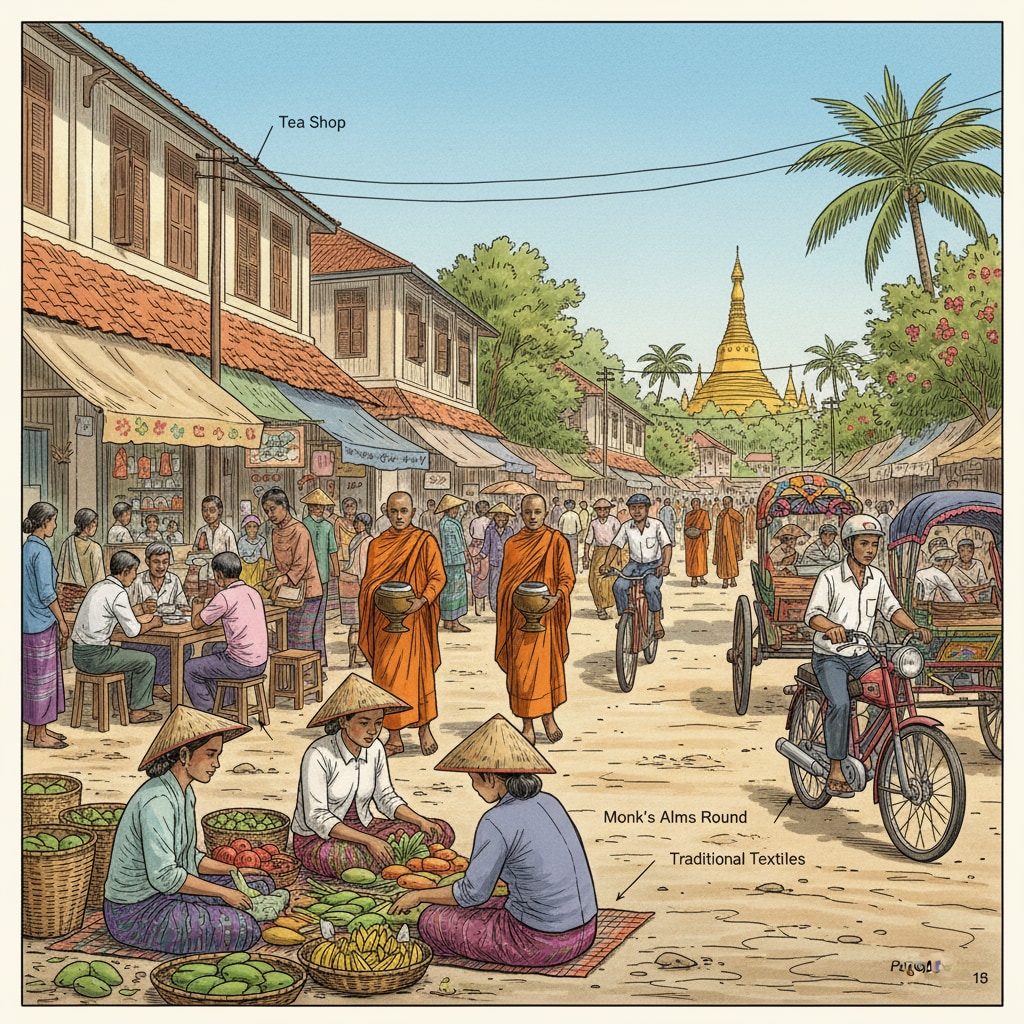 A street scene in Myanmar, showing the local lifestyle Street scene in Myanmar highlighting local lifestyle and cultural resources