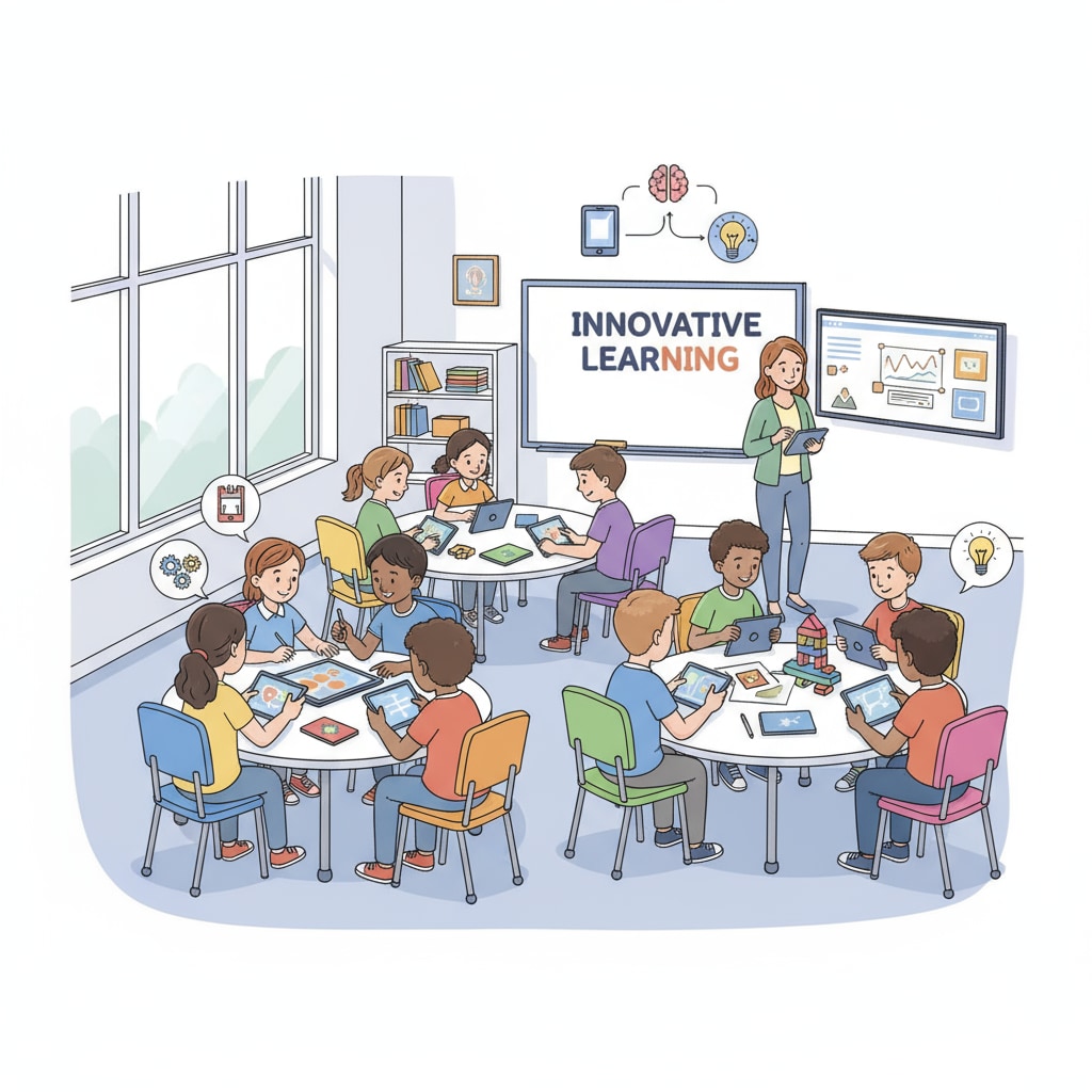 A modern classroom scene with students using tablets and engaged in group projects, demonstrating innovative teaching methods. Modern primary education classroom with innovative teaching methods and curriculum