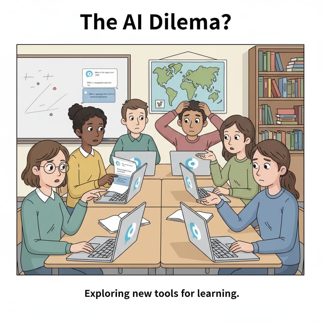 Students in a classroom facing moral dilemmas regarding ChatGPT use and academic integrity.