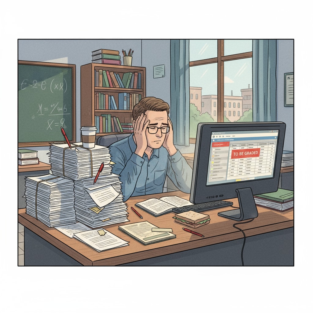 A stressed teacher surrounded by piles of papers highlighting the need for educational technology to reduce workload with the help of feedback