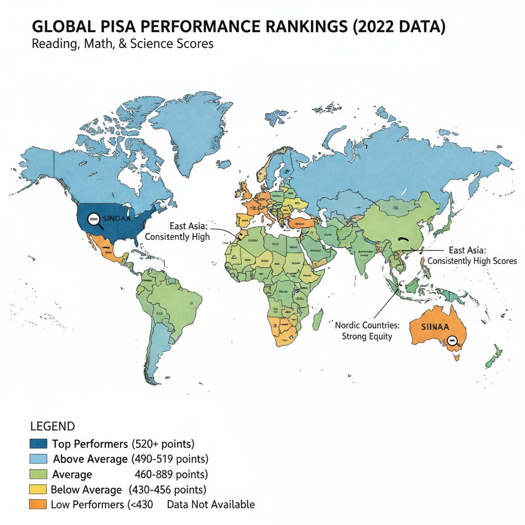 Map showing PISA performance rankings relevant to school statistics, PISA, and education indicators