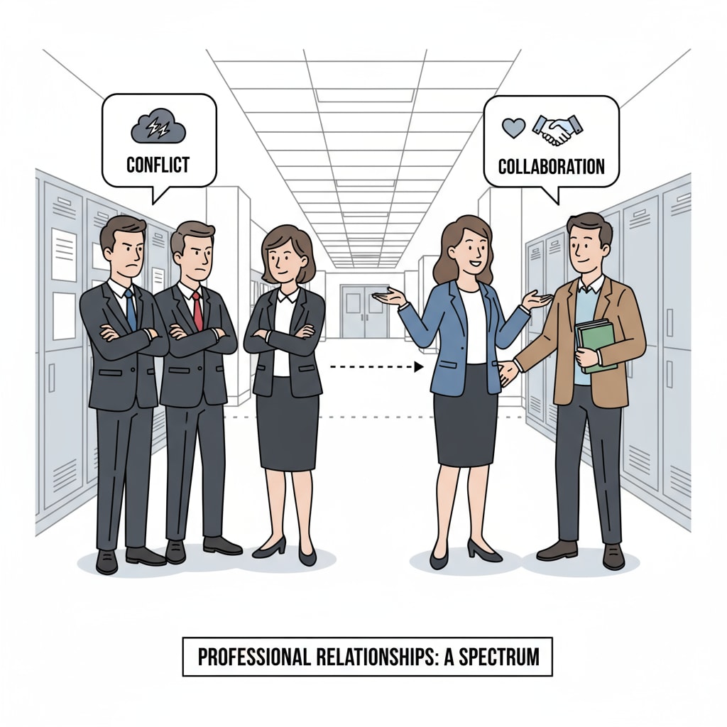 Teachers in a hallway showing different relationship dynamics related to teacher conflicts, work environment, and management dilemmas