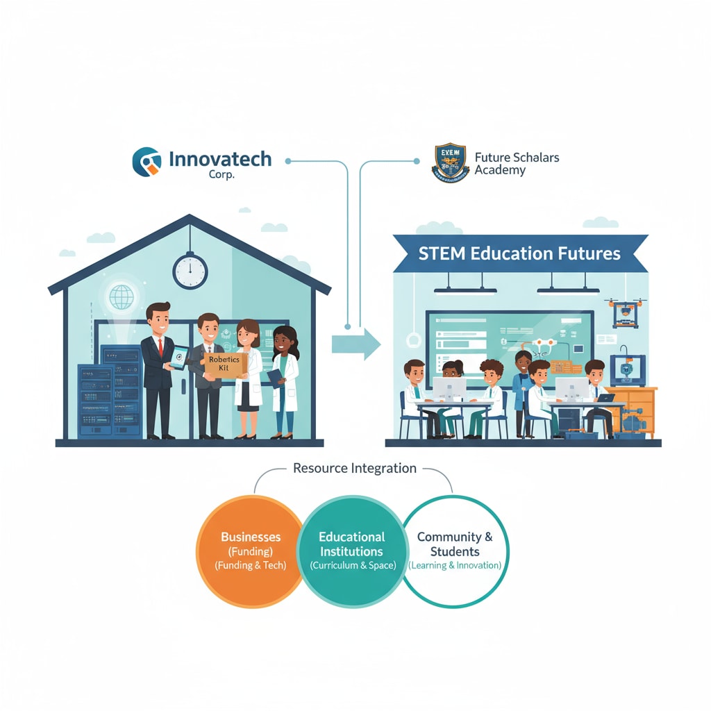 Business donating equipment for STEM education, emphasizing the role of partnerships in providing educational resources.