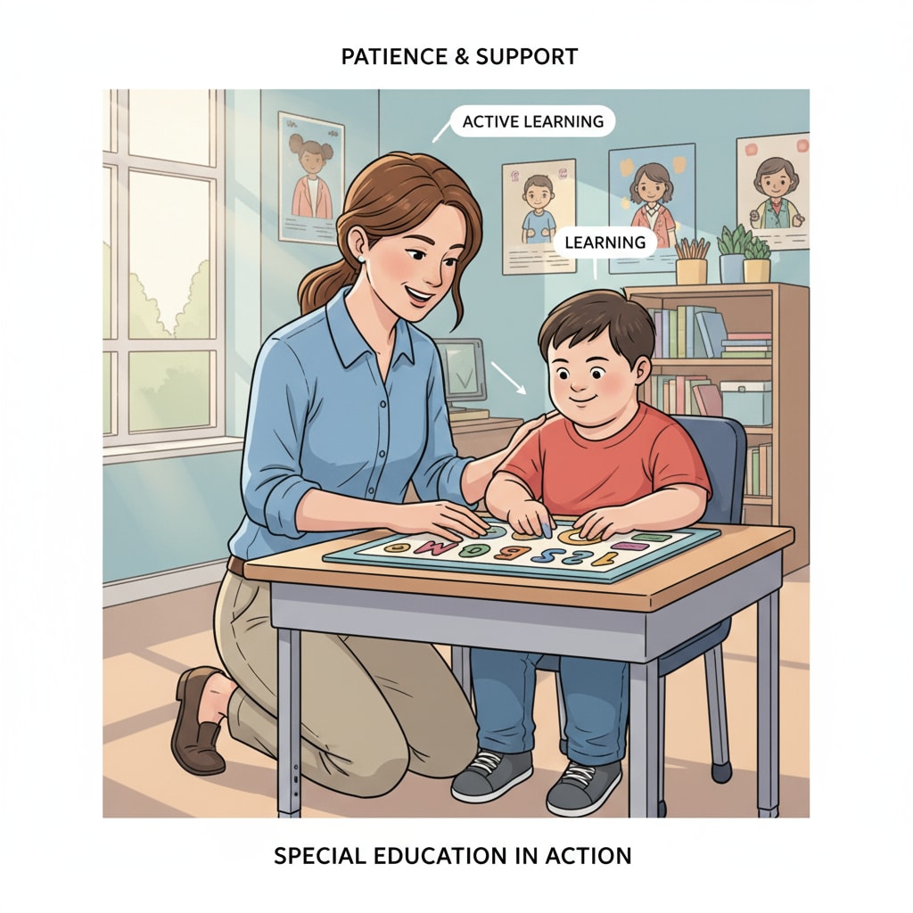 Special education teacher patiently helping a student, relevant to career transition and Master of Education