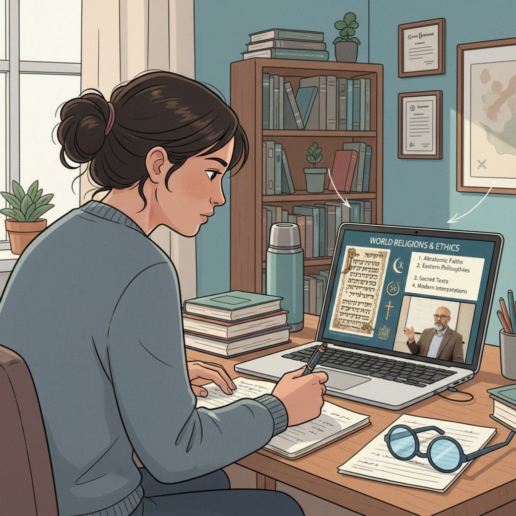 A student attending an online religious studies class as part of K12 education in philosophy, religion, and political science