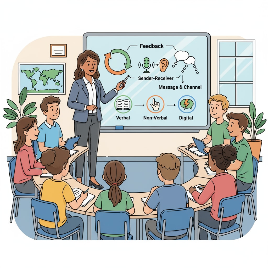 Teacher explaining communication concepts to K12 students, emphasizing communication skills