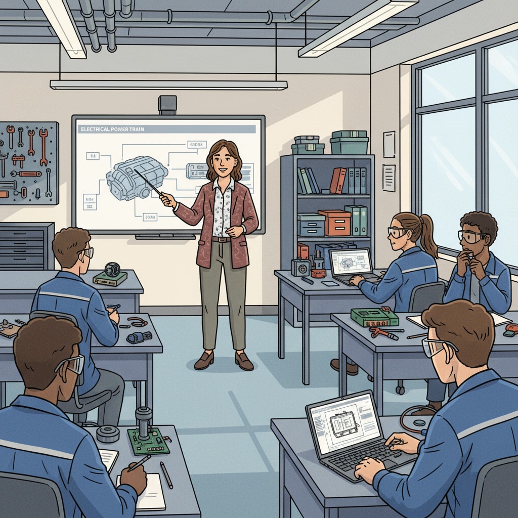 Classroom scene in a vocational school related to pedagogy, curriculum goals, and assessment methods