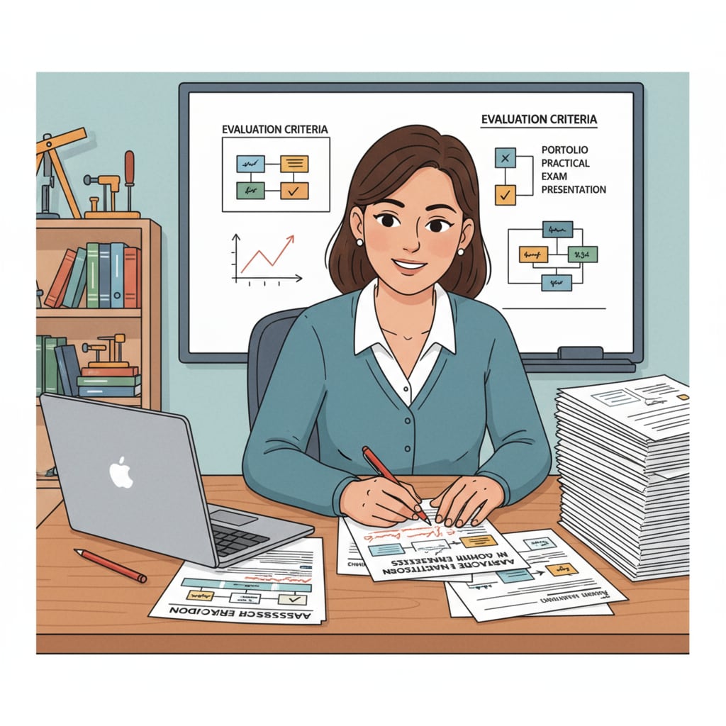 Teacher grading students' papers in a vocational school related to pedagogy, curriculum goals, and assessment methods