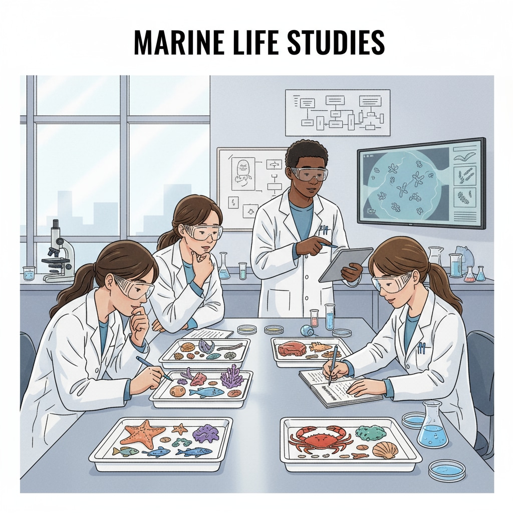 Students observing marine life specimens in a laboratory for science degree studies