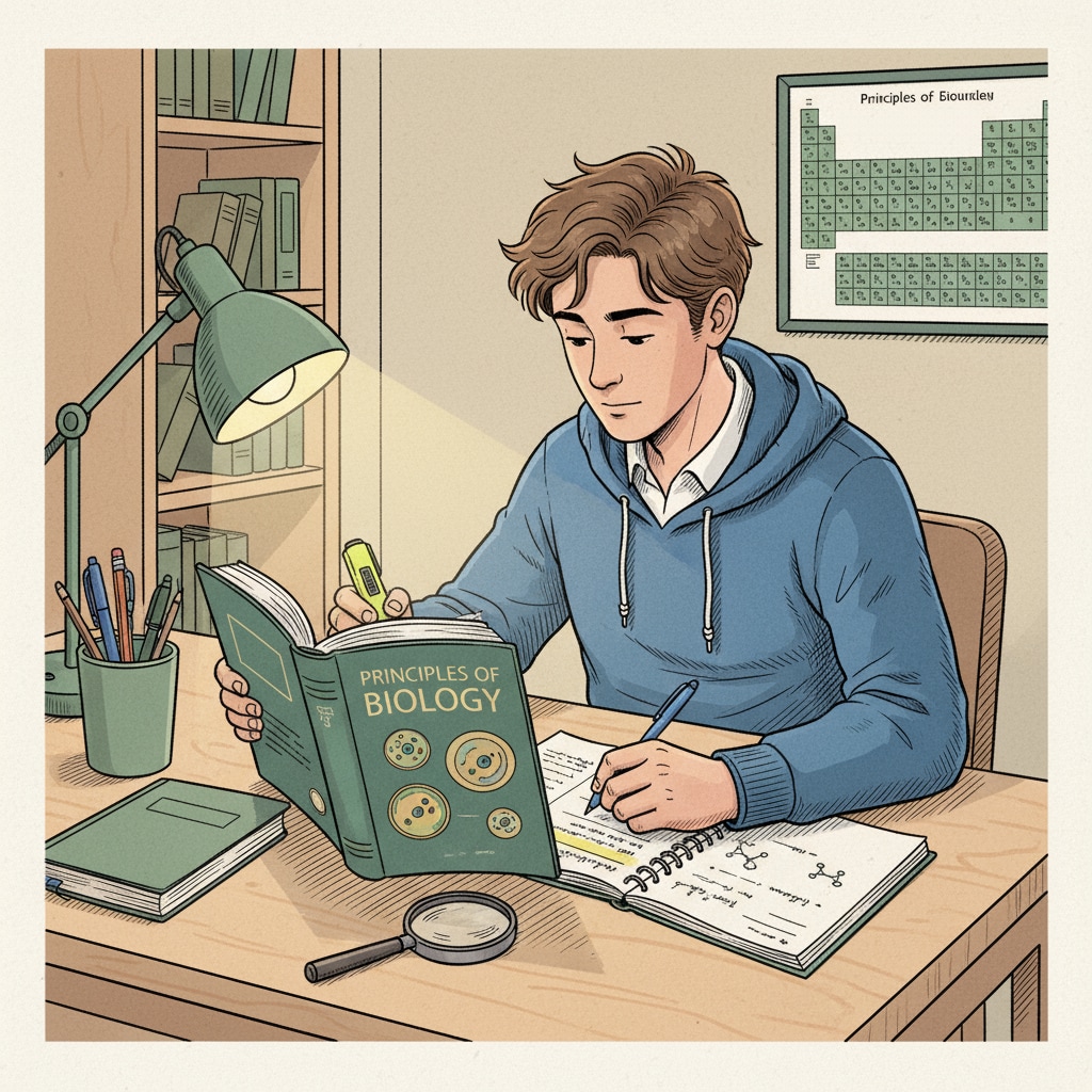 A student building basic knowledge by reading a science textbook for a science degree