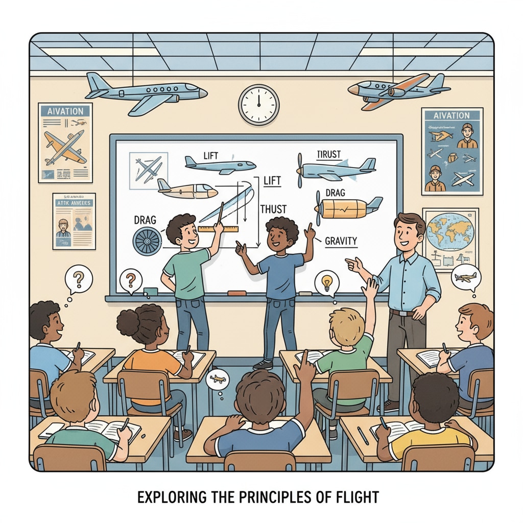 Classroom scene for developing pilot skills like communication and situational awareness
