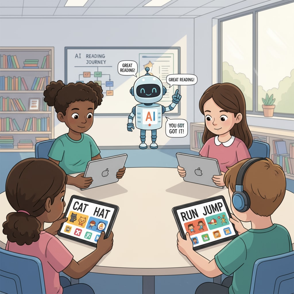 Students using AI-generated decodable reading materials on tablets in an educational setting.