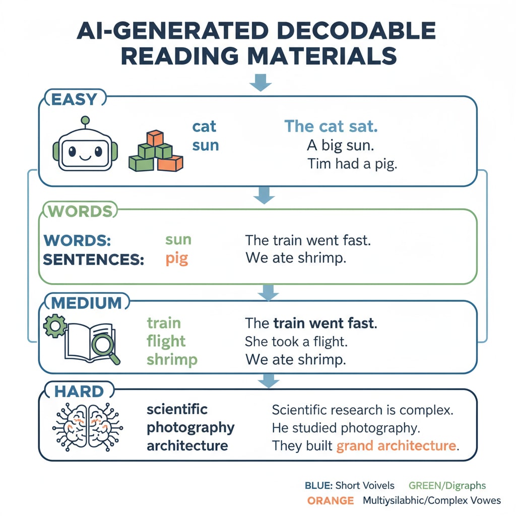 Graphic showing different levels of AI-generated decodable reading materials for K12 education.