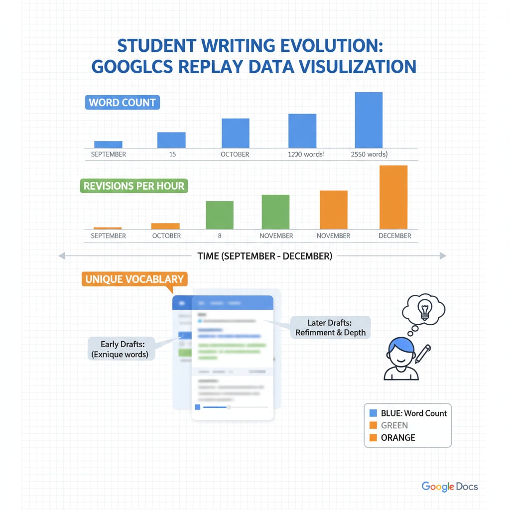 Graph of student writing progress for plagiarism detection, student writing, and teaching support