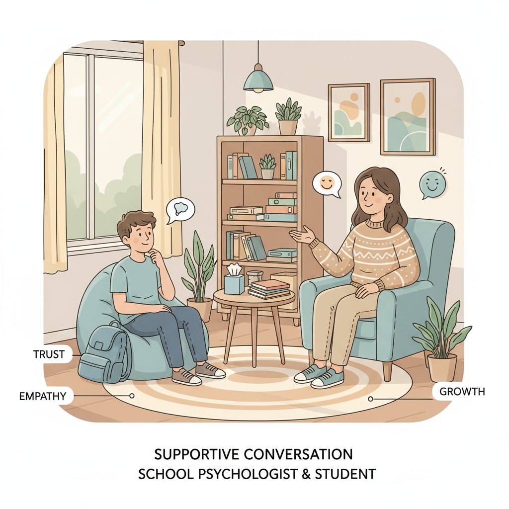 A school psychologist is having a friendly conversation with a student in a cozy counseling room, creating a warm and supportive atmosphere. A school psychologist interacting with a student in a counseling room related to career choices in school psychology and administration