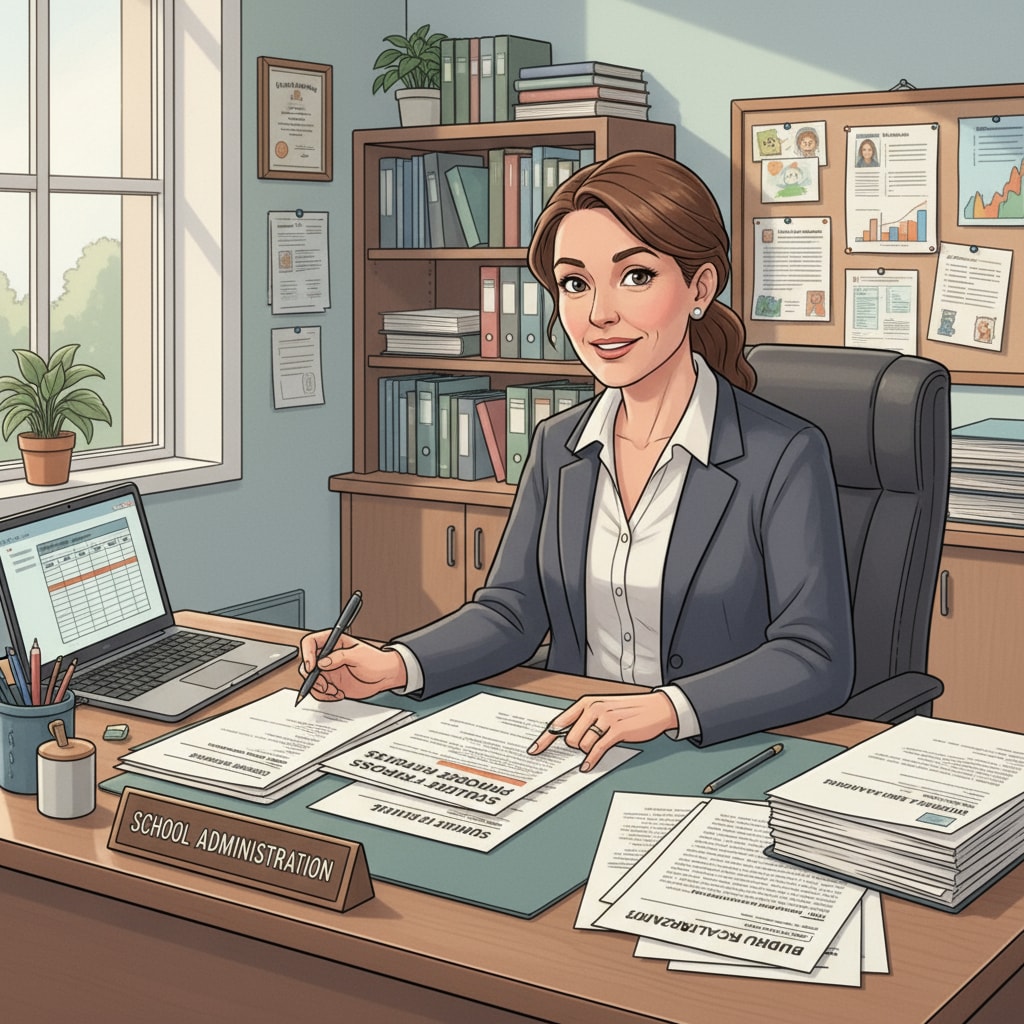 A school administrator is sitting at a desk in an office, carefully reviewing important documents, showing the responsibilities in educational administration. A school administrator in an office, reviewing documents related to career choices in school psychology and administration