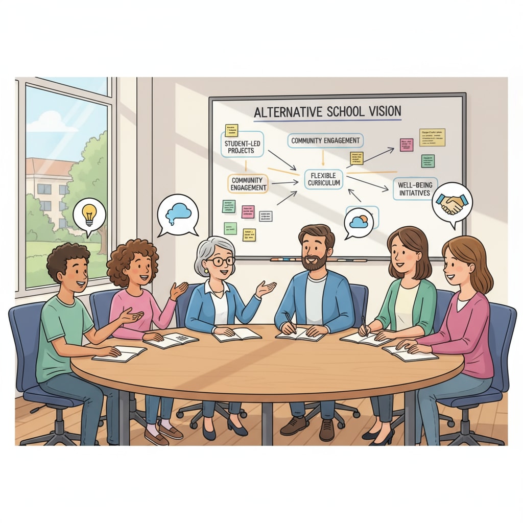 A scene of students, teachers, and parents collaborating in an alternative school leadership setup
