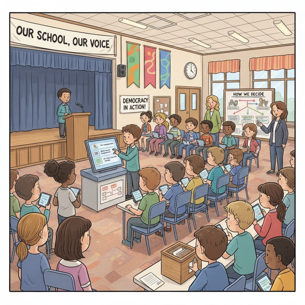 Students voting in a democratic school assembly