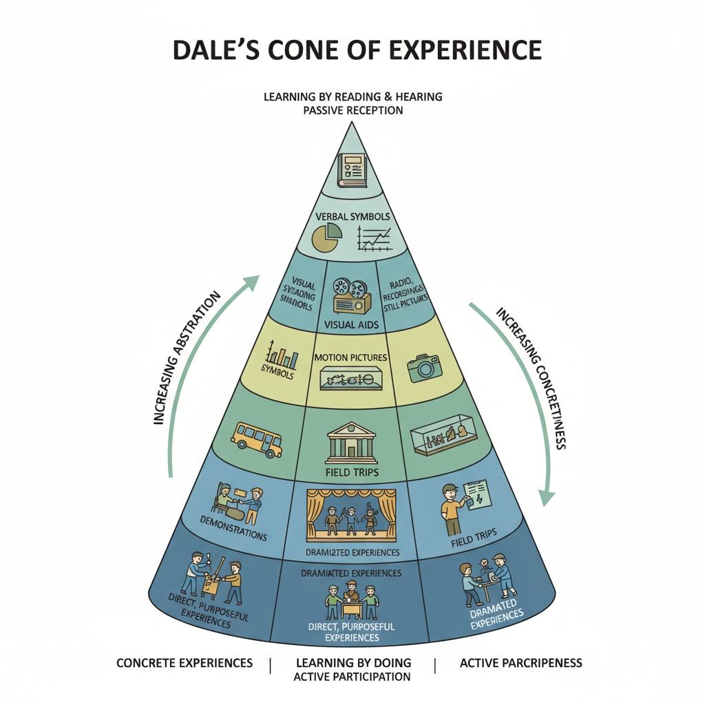 Dale's Cone of Experience illustration relevant to learning theories, practical learning