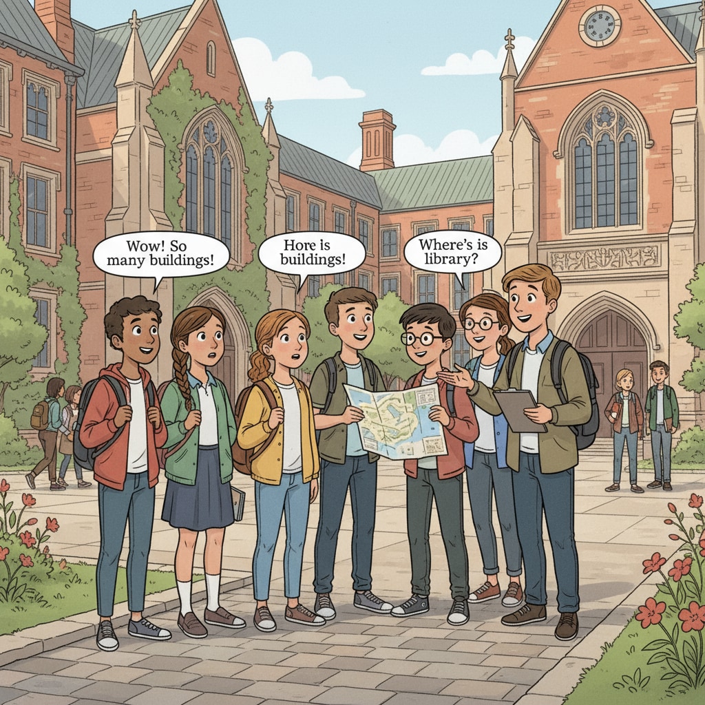 Home-schooled students exploring the university campus, showing adaptation signs.