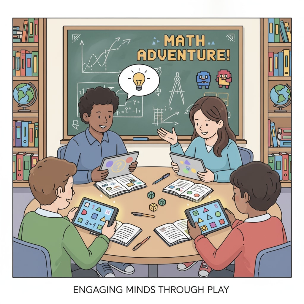 A group of students are sitting around a table, intently playing a math education game on their tablets, showing engagement and interest. Students engaged in a math education game, highlighting the concept of game prototypes and edutainment in K12 learning.