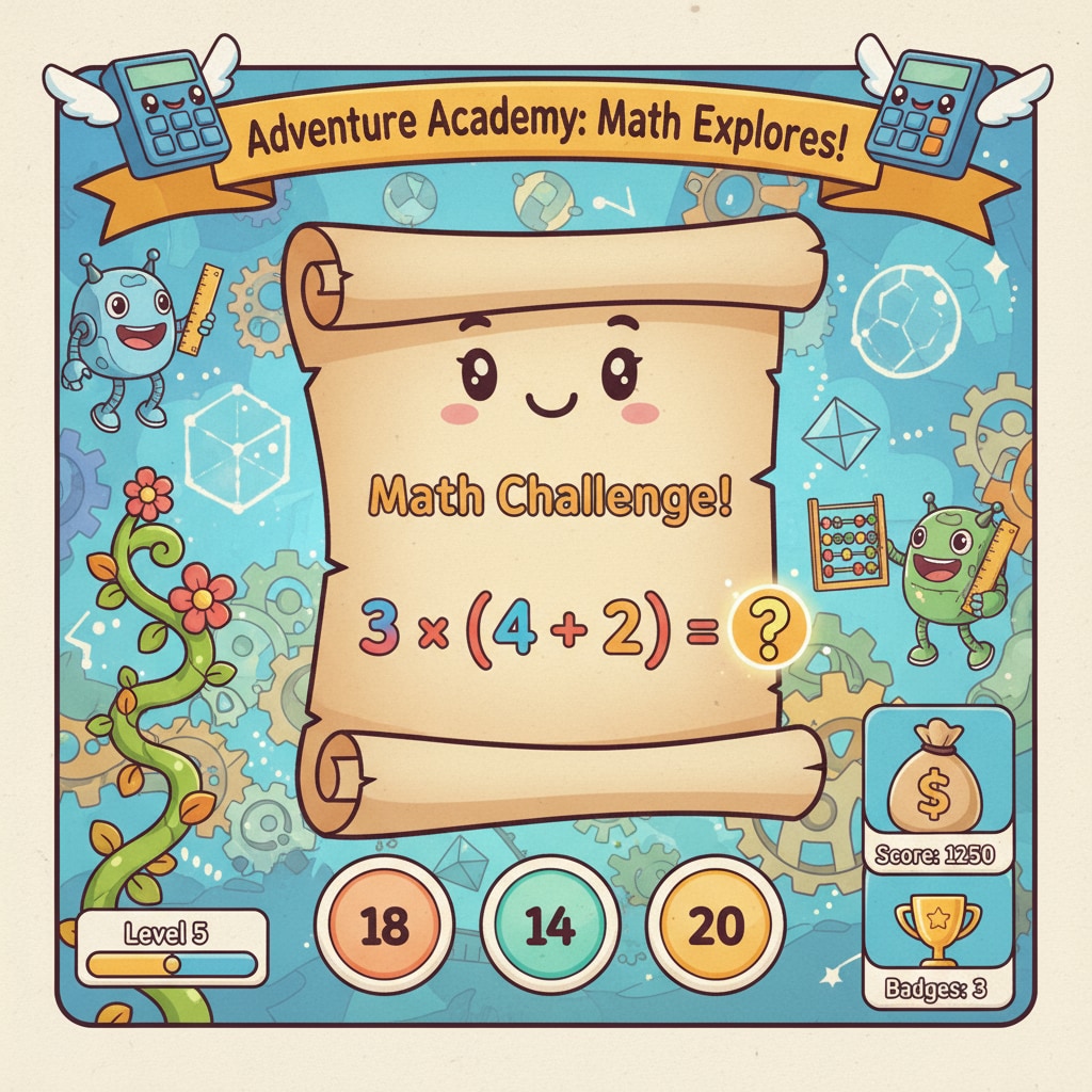A close-up view of the game's interface displays math problems presented in an engaging way, with colorful graphics and game elements surrounding them. The interface of a math education game, demonstrating how game prototypes integrate math learning with entertainment for K12 students.